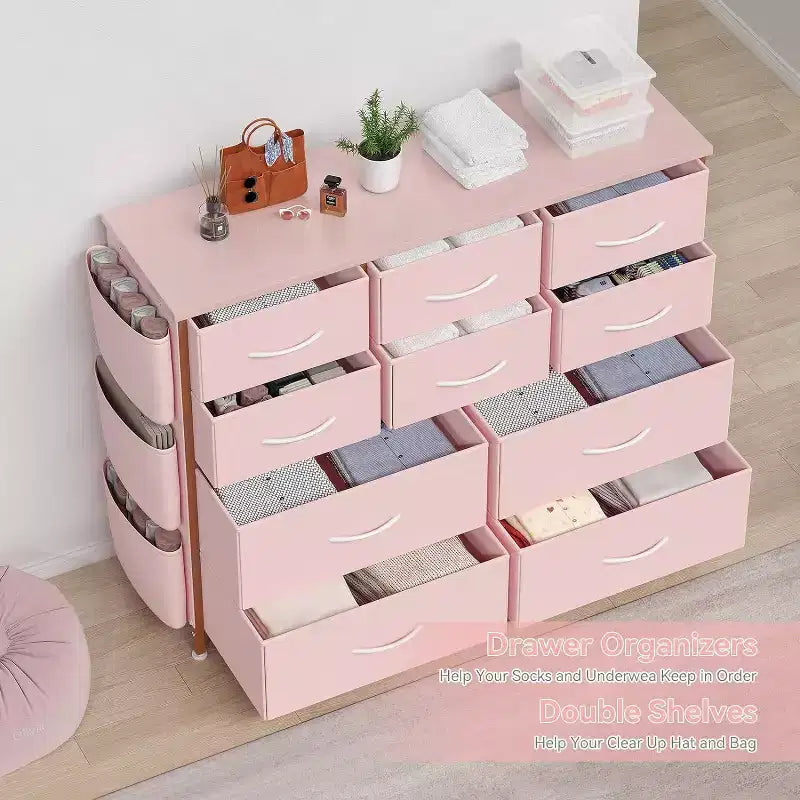Commode GustoWave pour chambre à coucher, meuble de rangement en tissu à 10 tiroirs, commodes et chiffonniers avec poches latérales, crochets et plateau en bois