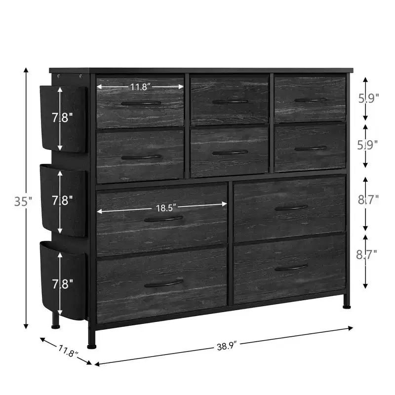 Commode GustoWave pour chambre à coucher, meuble de rangement en tissu à 10 tiroirs, commodes et chiffonniers avec poches latérales, crochets et plateau en bois