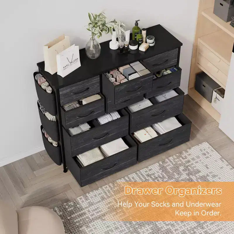 Commode GustoWave pour chambre à coucher, meuble de rangement en tissu à 10 tiroirs, commodes et chiffonniers avec poches latérales, crochets et plateau en bois