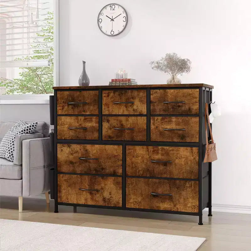 Commode GustoWave pour chambre à coucher, meuble de rangement en tissu à 10 tiroirs, commodes et chiffonniers avec poches latérales, crochets et plateau en bois