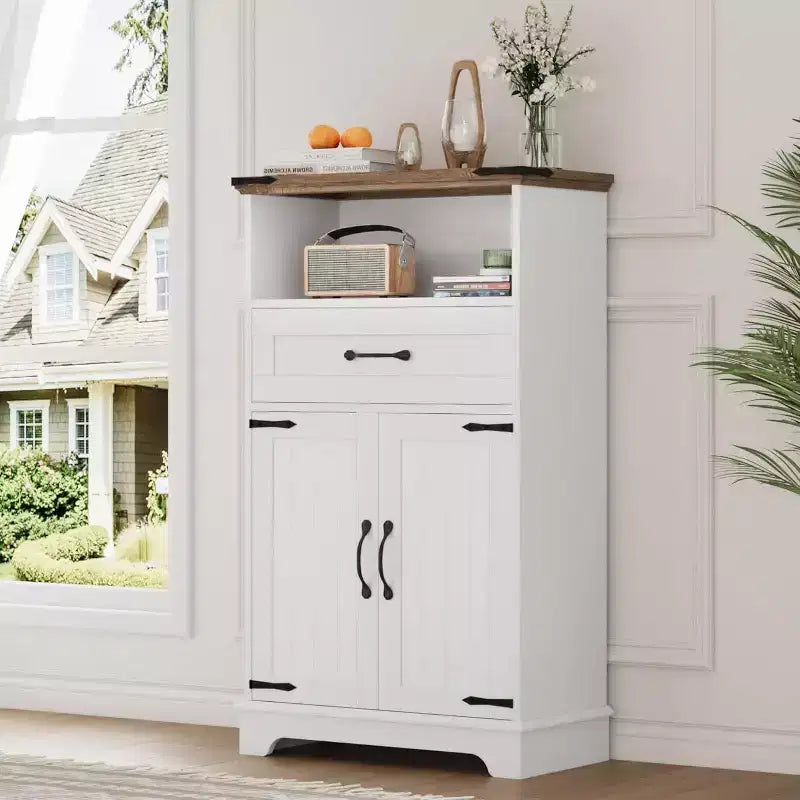 Meuble de salle de bain autoportant de style ferme avec portes et tiroirs, solution de rangement multi-pièces pour la salle de bain, la buanderie et la chambre à coucher
