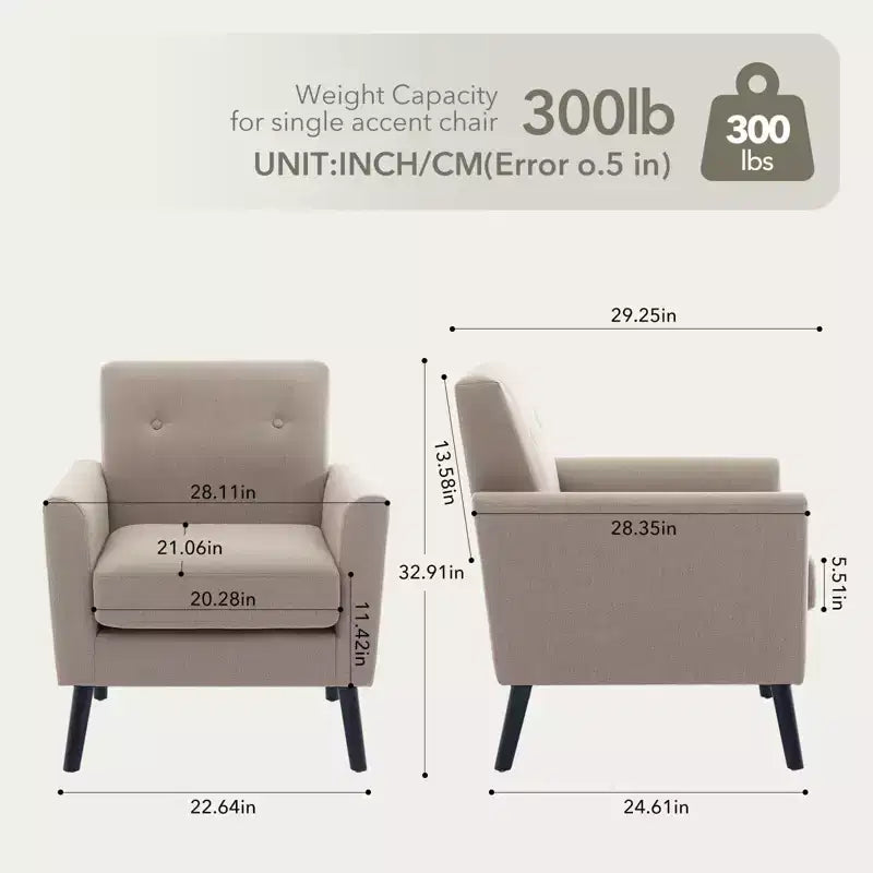 Fauteuil d'appoint en tissu GustoWave mi-siècle avec pieds en bois massif, fauteuil de salon rétro moderne avec assise plus épaisse pour le salon