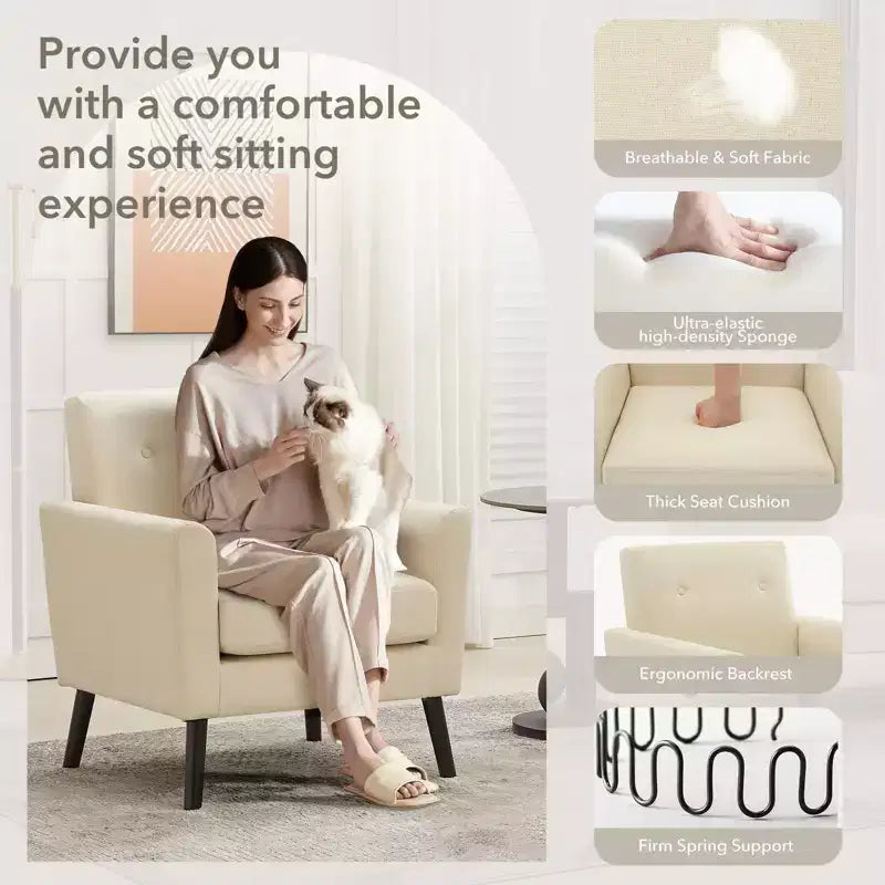 Fauteuil d'appoint en tissu GustoWave mi-siècle avec pieds en bois massif, fauteuil de salon rétro moderne avec assise plus épaisse pour le salon