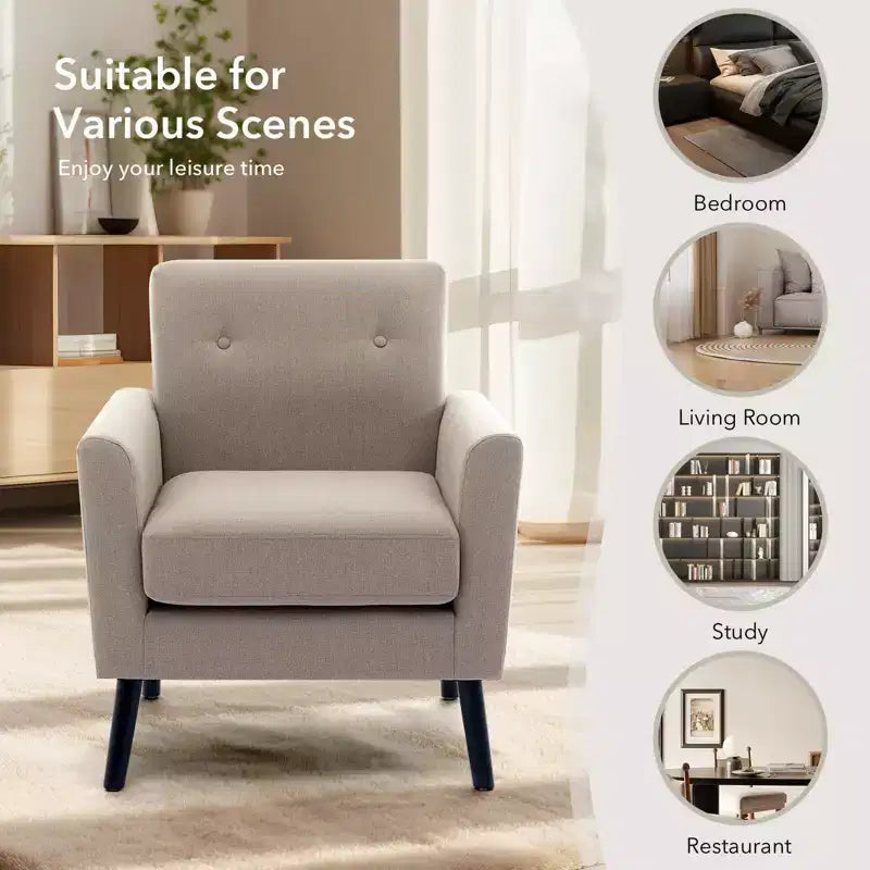 Fauteuil d'appoint en tissu GustoWave mi-siècle avec pieds en bois massif, fauteuil de salon rétro moderne avec assise plus épaisse pour le salon