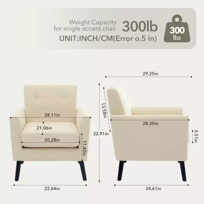 Fauteuil d'appoint en tissu GustoWave mi-siècle avec pieds en bois massif, fauteuil de salon rétro moderne avec assise plus épaisse pour le salon