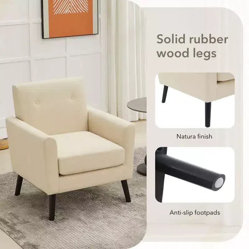 Fauteuil d'appoint en tissu GustoWave mi-siècle avec pieds en bois massif, fauteuil de salon rétro moderne avec assise plus épaisse pour le salon