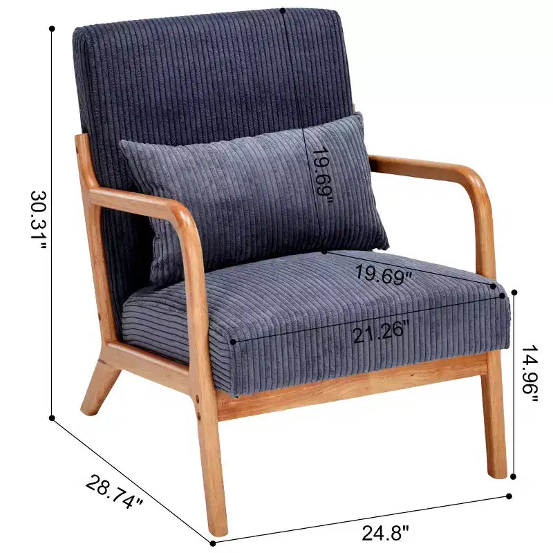 Zeus & Ruta Fauteuil d'appoint rembourré de style moderne du milieu du siècle avec oreiller et cadre en bois massif
