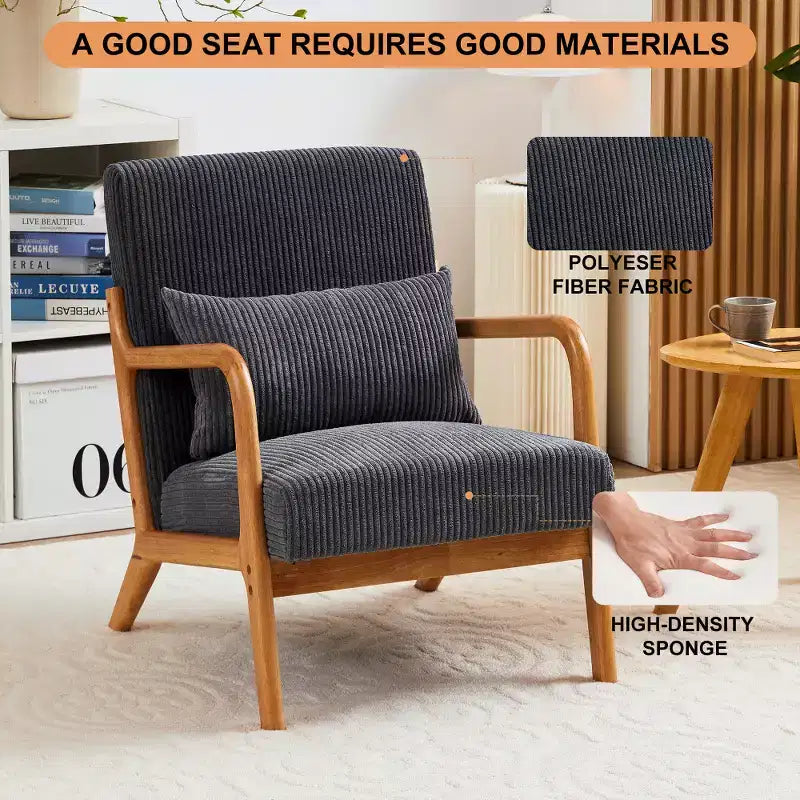Zeus & Ruta Fauteuil d'appoint rembourré de style moderne du milieu du siècle avec oreiller et cadre en bois massif