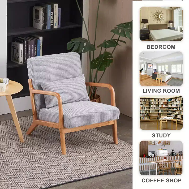 Zeus & Ruta Fauteuil d'appoint rembourré de style moderne du milieu du siècle avec oreiller et cadre en bois massif