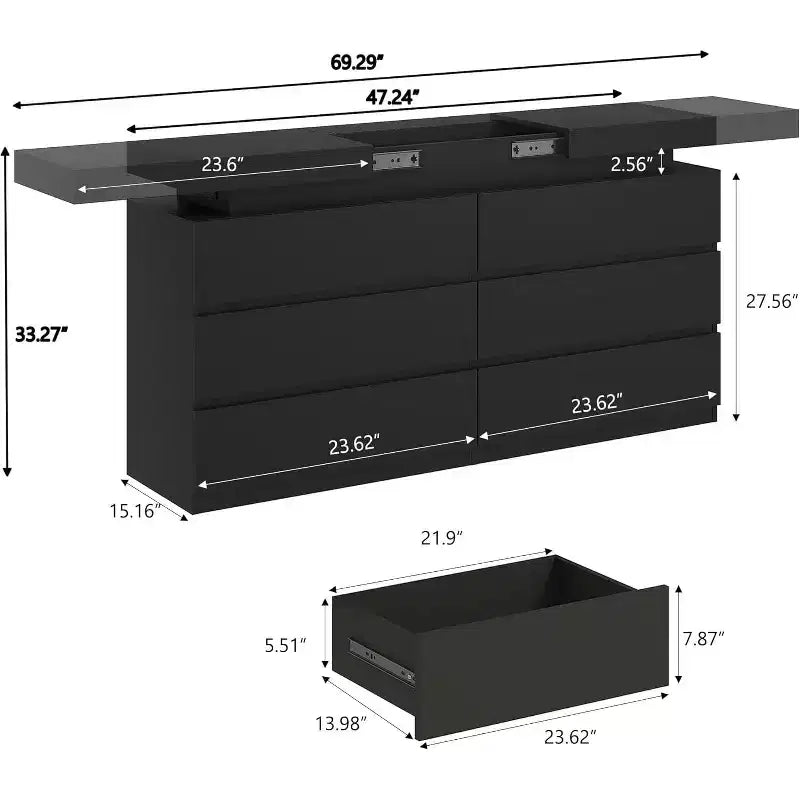 Dyonery Commode Moderne 6 Tiroirs avec Plateau Coulissant, Station de Charge & Lumières LED, Grande Armoire de Rangement pour Vêtements, pour Chambre, Blanc