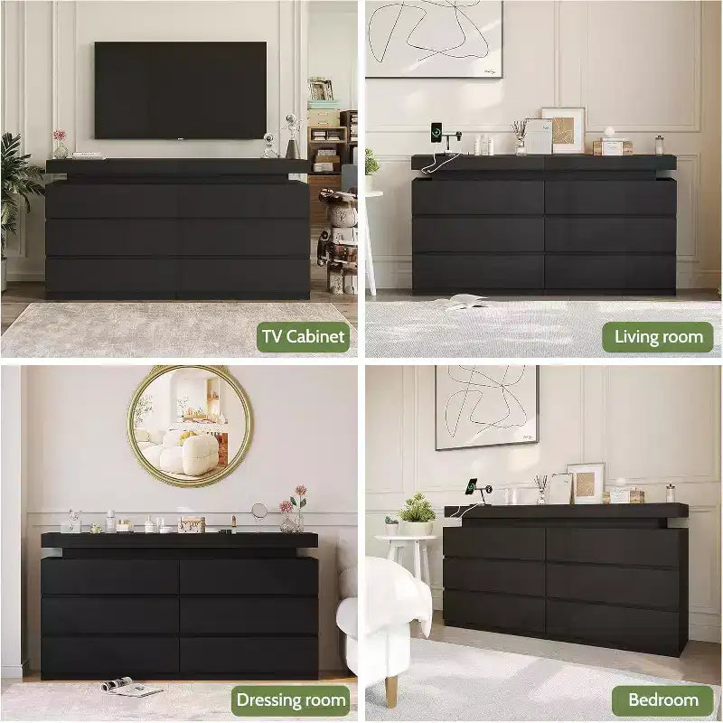 Dyonery Commode Moderne 6 Tiroirs avec Plateau Coulissant, Station de Charge & Lumières LED, Grande Armoire de Rangement pour Vêtements, pour Chambre, Blanc
