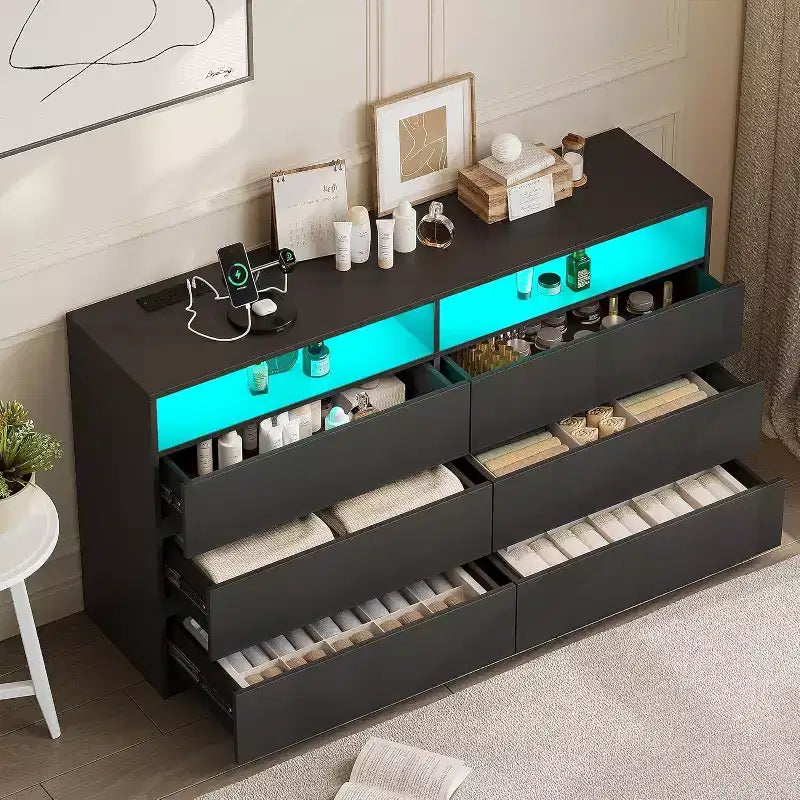 Dyonery Commode Moderne 6 Tiroirs avec Plateau Coulissant, Station de Charge & Lumières LED, Grande Armoire de Rangement pour Vêtements, pour Chambre, Blanc