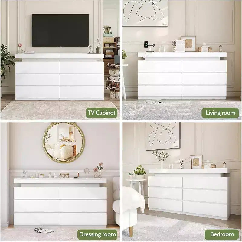 Dyonery Commode Moderne 6 Tiroirs avec Plateau Coulissant, Station de Charge & Lumières LED, Grande Armoire de Rangement pour Vêtements, pour Chambre, Blanc