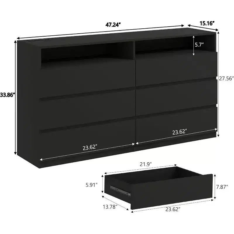 Dyonery Commode Moderne 6 Tiroirs avec Plateau Coulissant, Station de Charge & Lumières LED, Grande Armoire de Rangement pour Vêtements, pour Chambre, Blanc