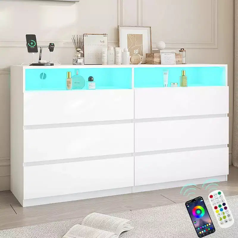 Dyonery Commode Moderne 6 Tiroirs avec Plateau Coulissant, Station de Charge & Lumières LED, Grande Armoire de Rangement pour Vêtements, pour Chambre, Blanc