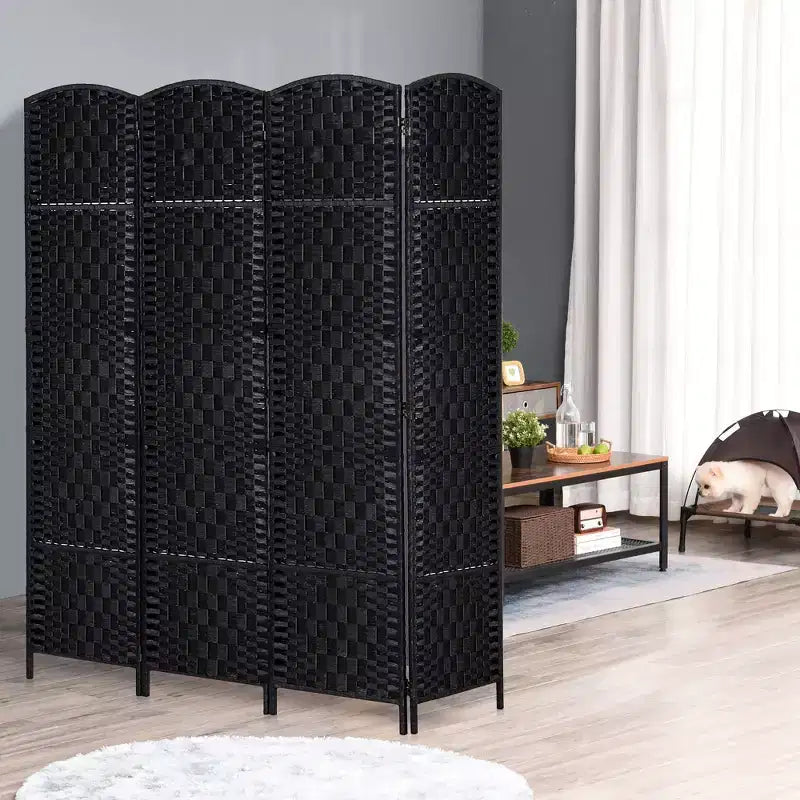 MAYEERTY 4 Panel Room Divider Privacy Screen 6'Tall Wicker Weave Black