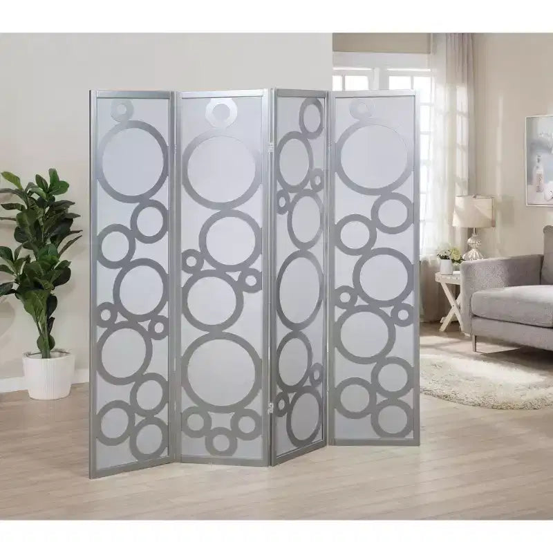 MAYEERTY 4 Panel Wood Room Divider Circle Pattern Silver for Home