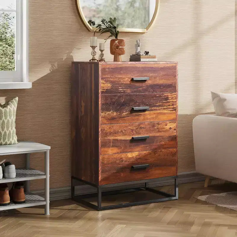 GALAXHERO Commode à 4 tiroirs en bois, Table de chevet haute et Commode de rangement pour chambre, couloir, salon et placard, Cadre en métal robuste