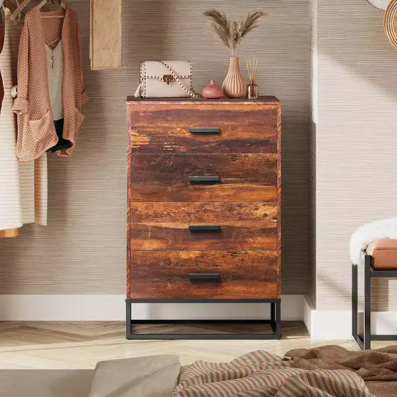 GALAXHERO Commode à 4 tiroirs en bois, Table de chevet haute et Commode de rangement pour chambre, couloir, salon et placard, Cadre en métal robuste