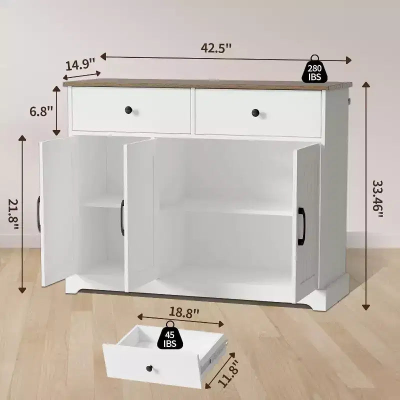 Meuble de rangement de cuisine de style ferme moderne de 107 cm de large, buffet avec tiroirs, étagères réglables et portes, pour salon et salle à manger