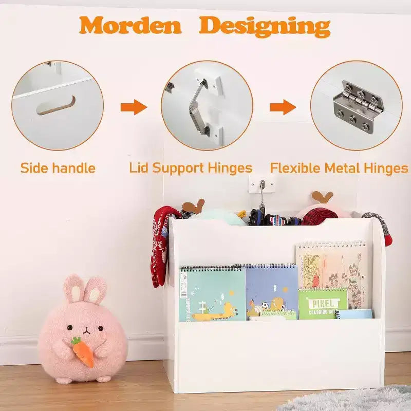 29.5 Organisateur de Rangement de Jouets Moderne pour Enfants, Coffre à Jouets avec Charnière de Sécurité et Étagère Frontale, Caisse de Rangement pour Garçons et Filles - Montage Facile (Blanc)