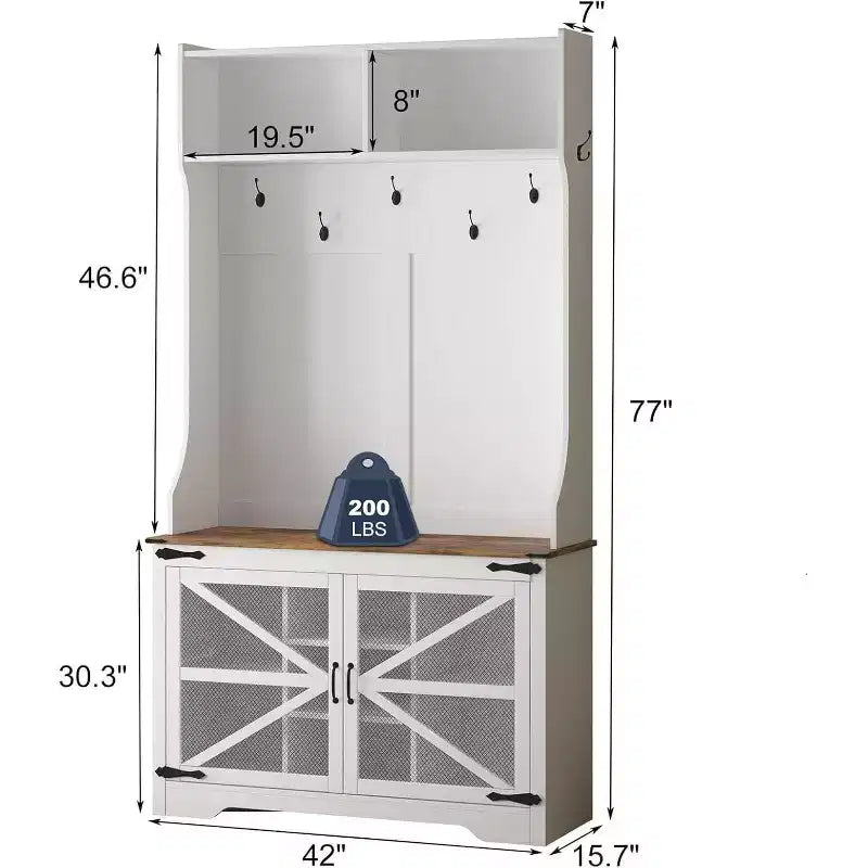 Porte-manteau de ferme, organisateur d'entrée 4-en-1 avec 7 casiers à chaussures et 7 crochets, banc de rangement pour vestiaire/couloir/chambre à coucher