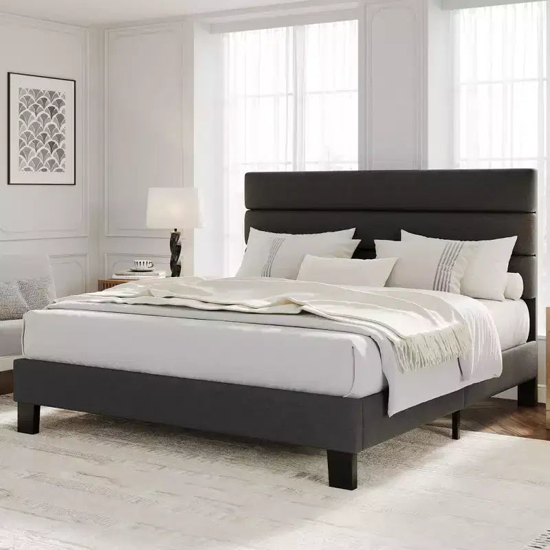King Size Bed Frame with Adjustable Headboard, Linen Fabric Upholstered and Wooden Slats Support, Heavy Duty Mattress Foundation, No Box Spring Needed
