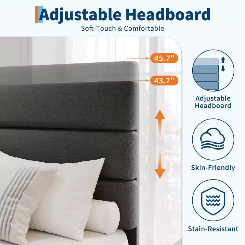 Cadre de lit King Size avec tête de lit réglable, revêtement en tissu de lin et support à lattes en bois, sommier robuste, aucun sommier tapissier requis