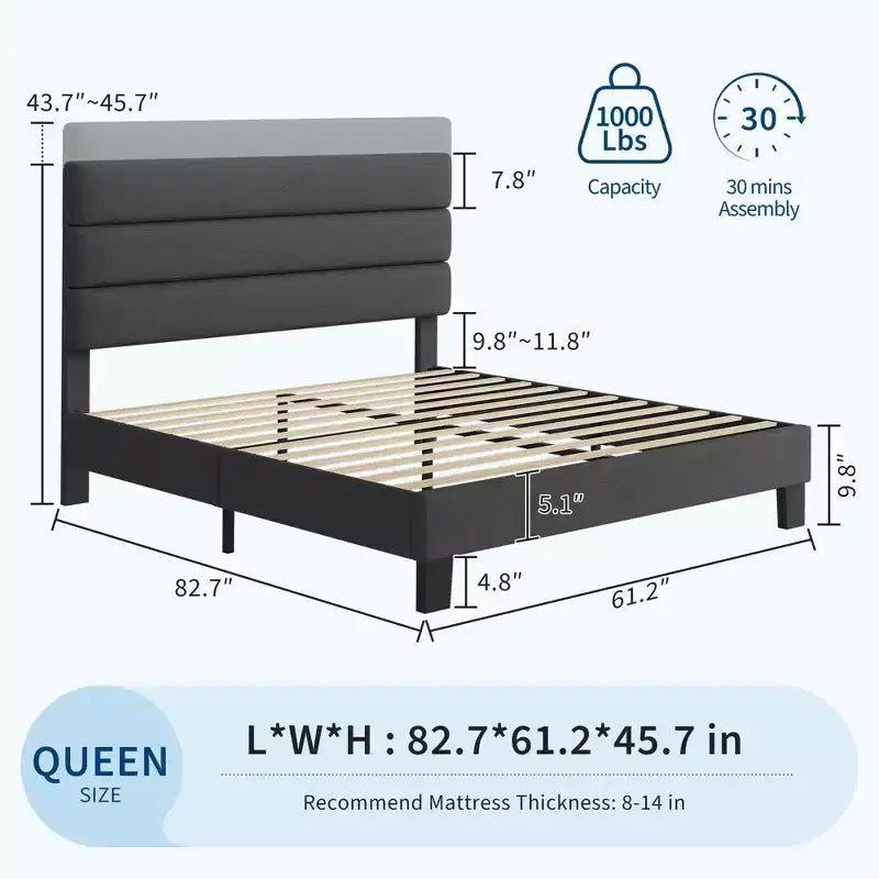 Cadre de lit King Size avec tête de lit réglable, revêtement en tissu de lin et support à lattes en bois, sommier robuste, aucun sommier tapissier requis
