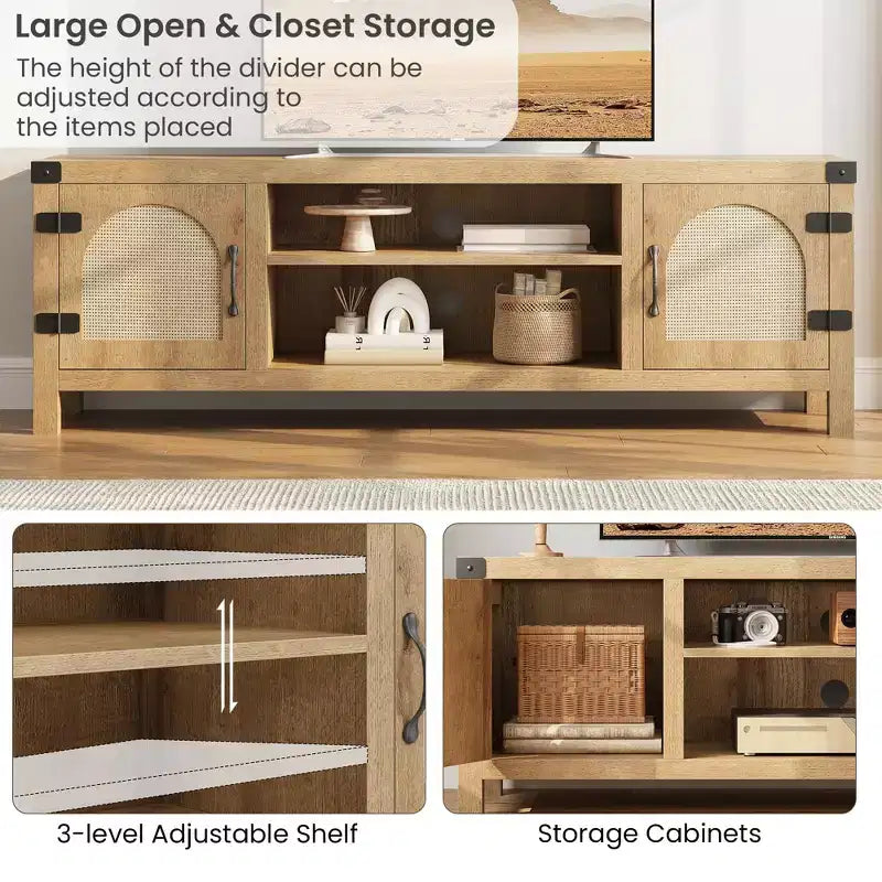 Meuble TV pour Salon, Meuble TV Console 150 cm avec Porte en Rotin et Étagères Réglables, Meuble TV Style Bohème