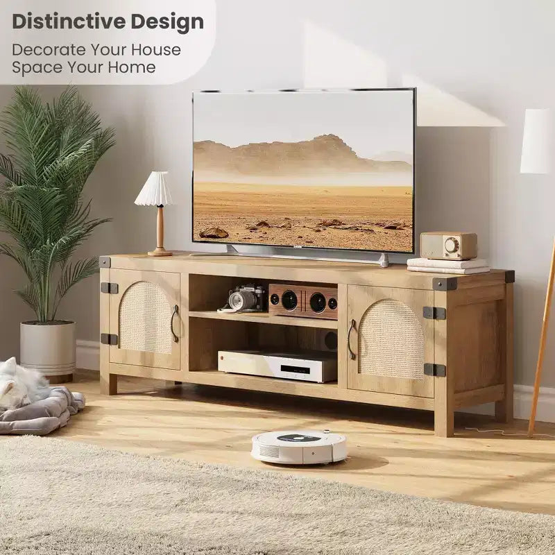 Meuble TV pour Salon, Meuble TV Console 150 cm avec Porte en Rotin et Étagères Réglables, Meuble TV Style Bohème