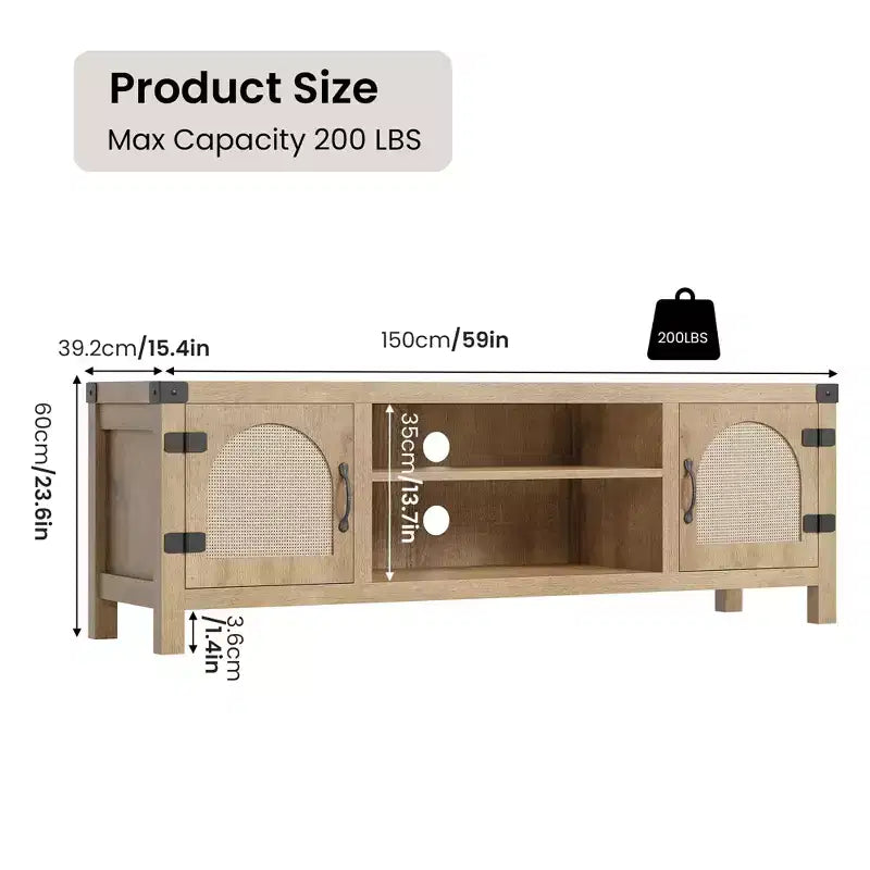 Meuble TV pour Salon, Meuble TV Console 150 cm avec Porte en Rotin et Étagères Réglables, Meuble TV Style Bohème