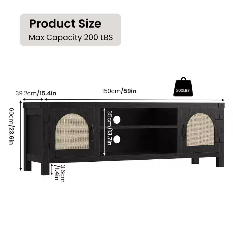 Meuble TV pour Salon, Meuble TV Console 150 cm avec Porte en Rotin et Étagères Réglables, Meuble TV Style Bohème
