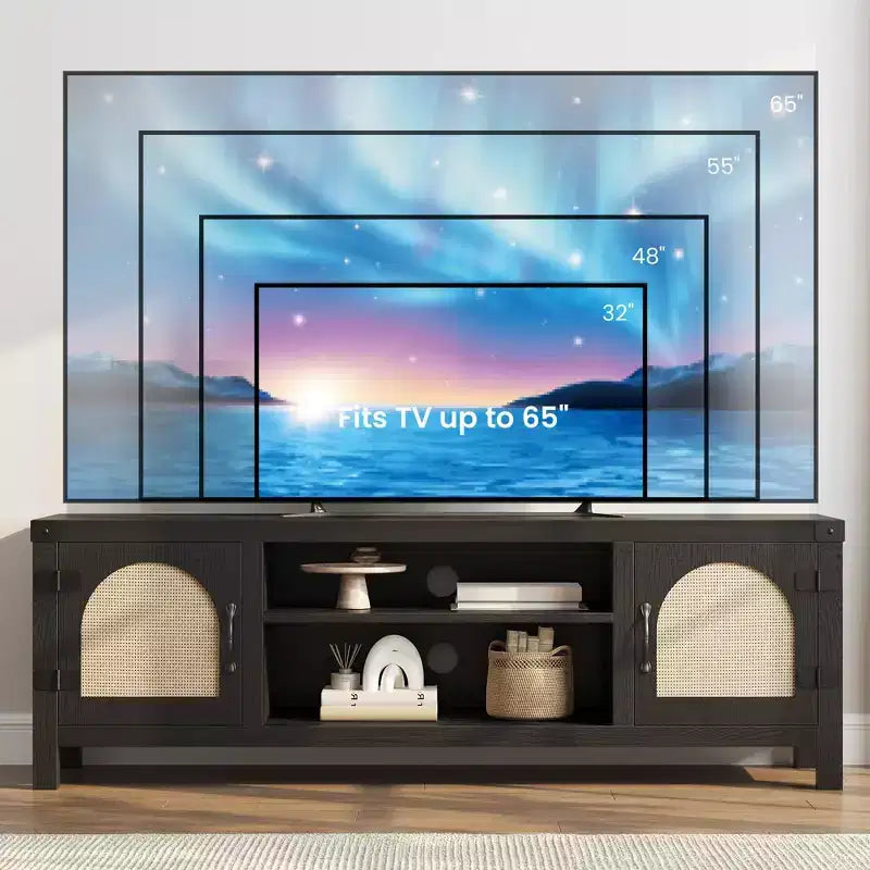 Meuble TV pour Salon, Meuble TV Console 150 cm avec Porte en Rotin et Étagères Réglables, Meuble TV Style Bohème