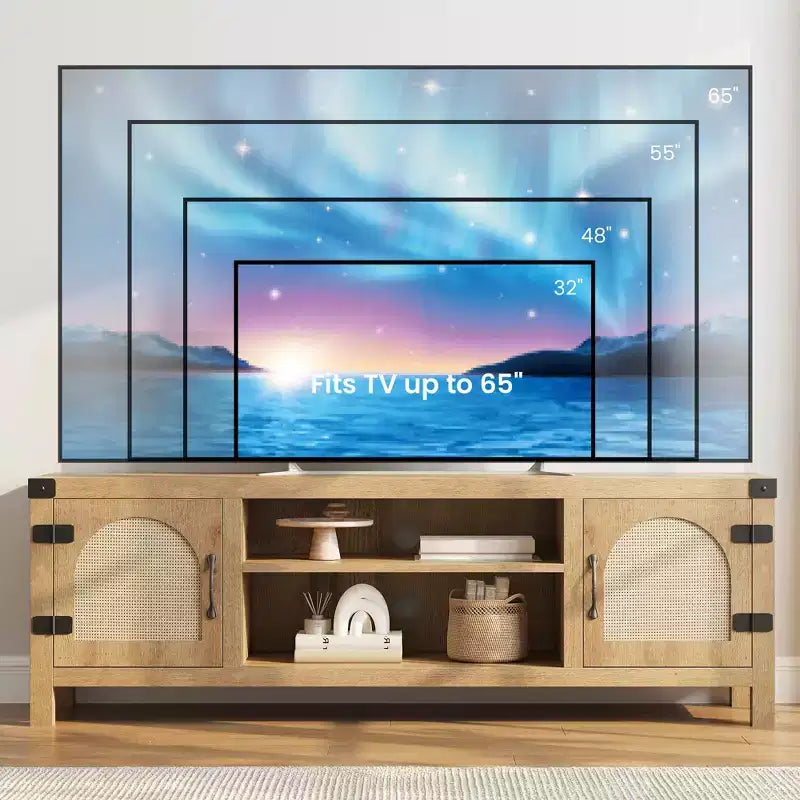 Meuble TV pour Salon, Meuble TV Console 150 cm avec Porte en Rotin et Étagères Réglables, Meuble TV Style Bohème