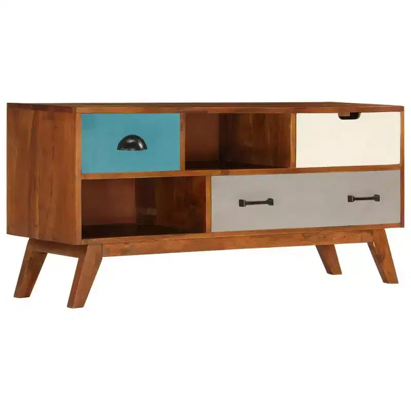vidaXL Meuble TV en Bois Massif d'Acacia avec Finition Miel Foncée - Style Rétro, 3 Tiroirs, 2 Compartiments de Rangement, Grains de Bois Uniques, Montage Facile