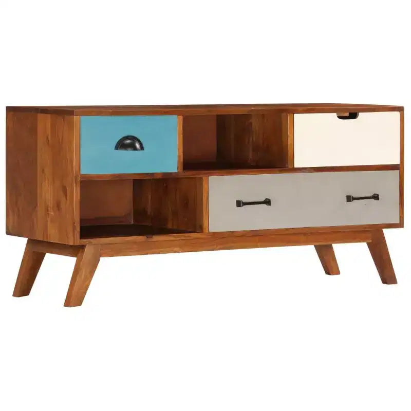 vidaXL Meuble TV en Bois Massif d'Acacia avec Finition Miel Foncée - Style Rétro, 3 Tiroirs, 2 Compartiments de Rangement, Grains de Bois Uniques, Montage Facile
