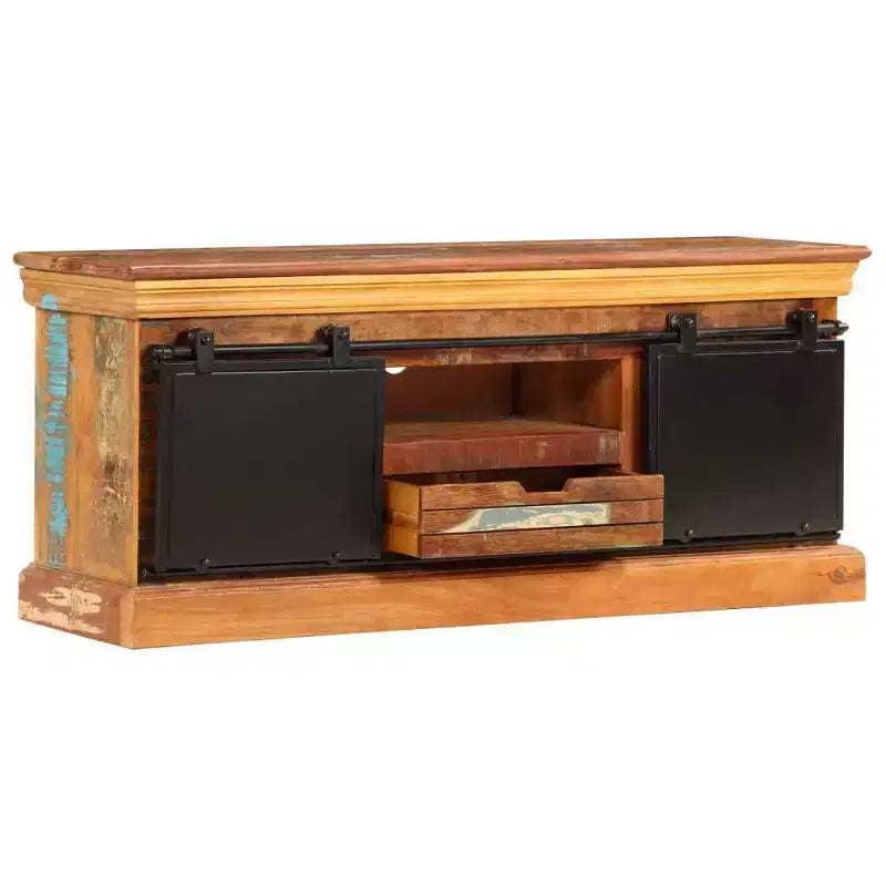 vidaXL TV Stand - 43.3x11.8x17.7 Antique-Style Wooden Cabinet with Three Compartments and Drawer - Solid Reclaimed Wood