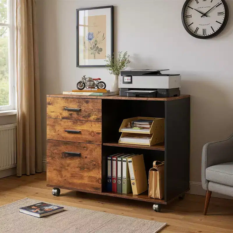 GALAXHERO Meuble de classement mobile en bois à 3 tiroirs, classeur latéral avec support d'imprimante et étagères de rangement ouvertes pour bureau à domicile