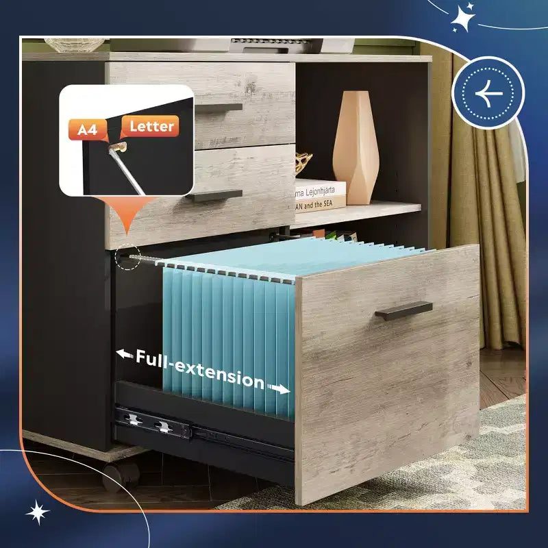 GALAXHERO Meuble de classement mobile en bois à 3 tiroirs, classeur latéral avec support d'imprimante et étagères de rangement ouvertes pour bureau à domicile