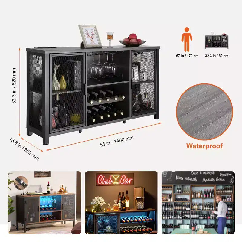 VEVOR Meuble Bar Industriel 55 Pouces, Table à Vin pour Liqueurs et Verres, Buffet avec Étagère à Vin, Noir