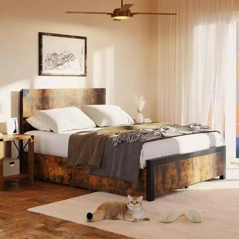 Acekool Industrial Platform Bed Frame with Wood Headboard & 4 Storage Drawers, Metal Mattress Foundation, No Box Spring Required