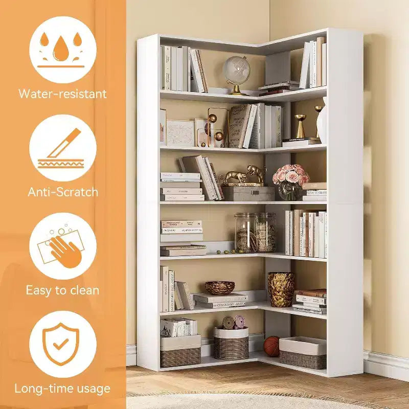 Étagère d'angle en forme de L à 6 niveaux Acekool avec déflecteurs, bibliothèque industrielle haute, grand meuble de rangement pour salon, bureau