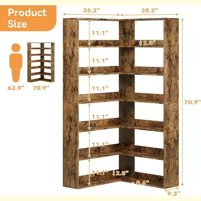 Étagère d'angle en forme de L à 6 niveaux Acekool avec déflecteurs, bibliothèque industrielle haute, grand meuble de rangement pour salon, bureau