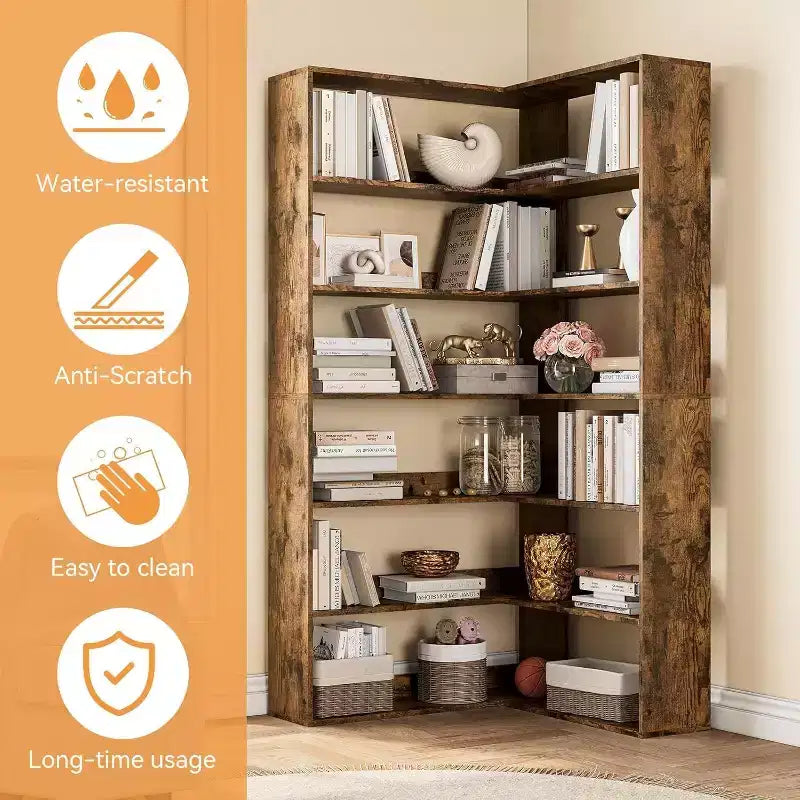 Étagère d'angle en forme de L à 6 niveaux Acekool avec déflecteurs, bibliothèque industrielle haute, grand meuble de rangement pour salon, bureau
