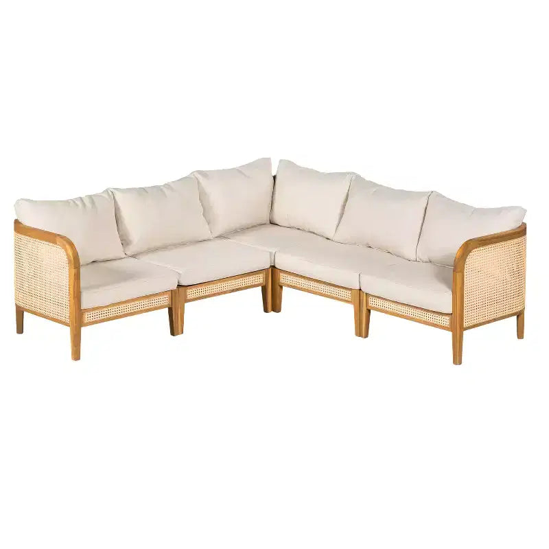 Canapé d'angle en rotin et bois d'acacia en V avec coussins 5 places d'extérieur style bohème Tighnari Christopher Knight Home