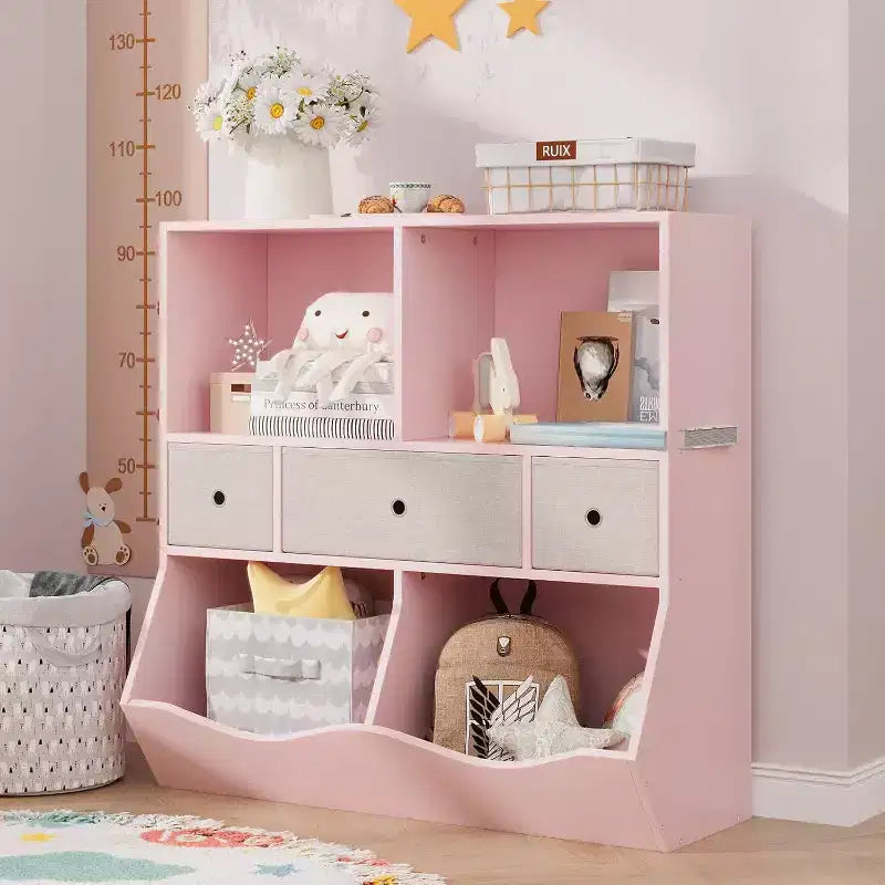 Organisateur de jouets Acekool pour enfants, grand meuble de rangement à 7 compartiments, bibliothèque à 3 niveaux avec 3 tiroirs et bacs inclinés pour salle de jeux, chambre d'enfant, salon, gris