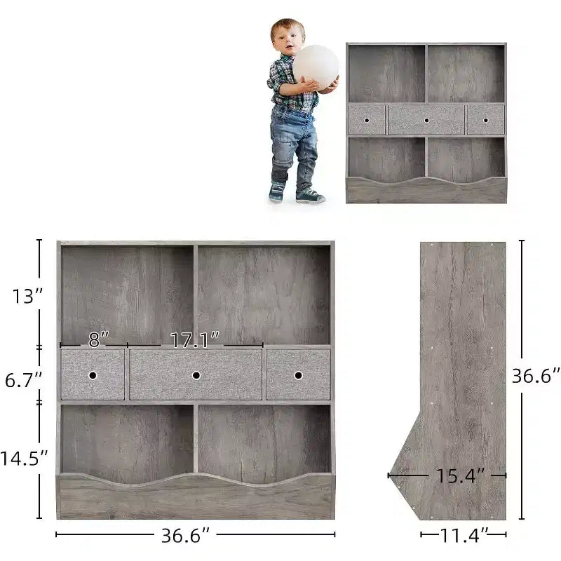 Organisateur de jouets Acekool pour enfants, grand meuble de rangement à 7 compartiments, bibliothèque à 3 niveaux avec 3 tiroirs et bacs inclinés pour salle de jeux, chambre d'enfant, salon, gris