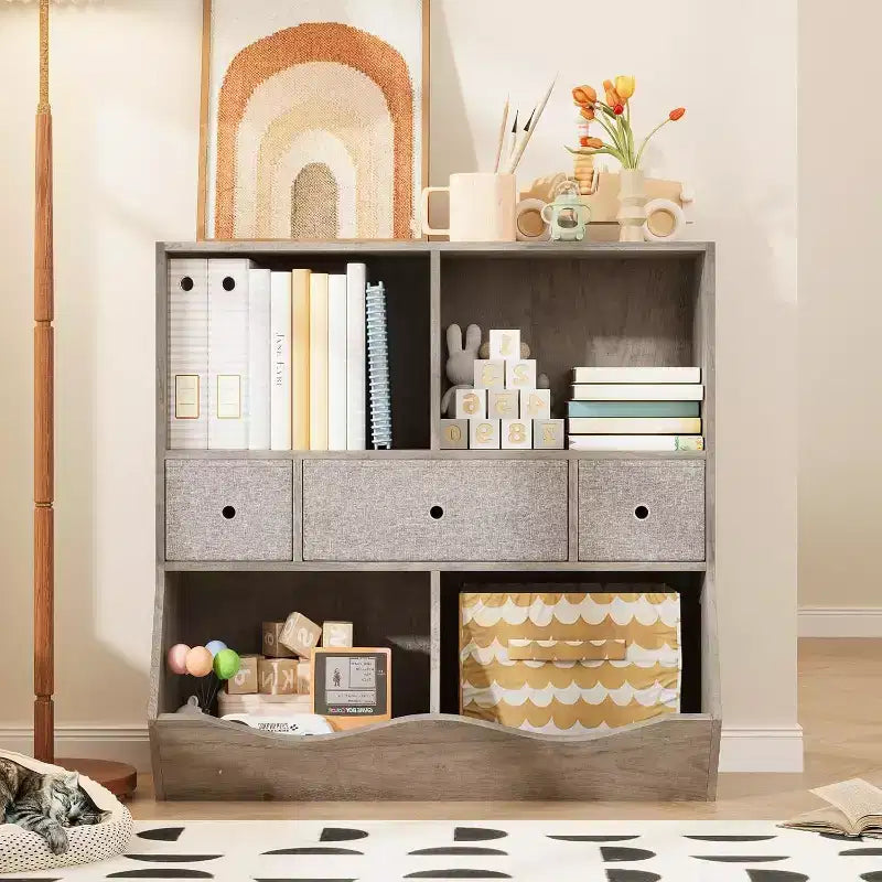 Organisateur de jouets Acekool pour enfants, grand meuble de rangement à 7 compartiments, bibliothèque à 3 niveaux avec 3 tiroirs et bacs inclinés pour salle de jeux, chambre d'enfant, salon, gris