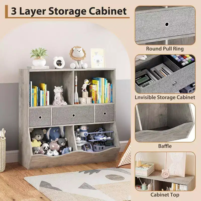 Organisateur de jouets Acekool pour enfants, grand meuble de rangement à 7 compartiments, bibliothèque à 3 niveaux avec 3 tiroirs et bacs inclinés pour salle de jeux, chambre d'enfant, salon, gris